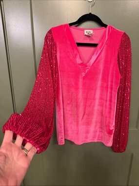 BiBi Hot Pink Velvet Top with Sequin Statement Sleeves
